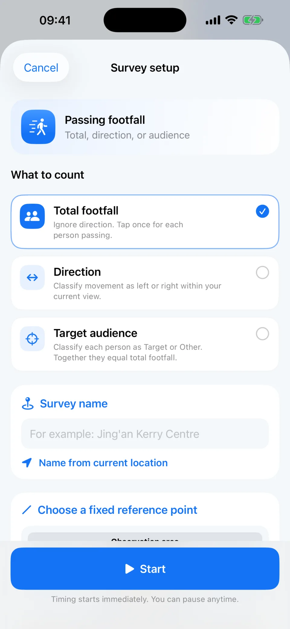 Footfall Tally survey setup screen with foot traffic counting options